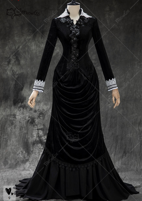 Anime Cosplay Com - MEOWCOS 女性のゴシックブラックヴィンテージベルベットバッフルトップスカートセットダークスタイル長袖トップとロングスカートコスプレ衣装