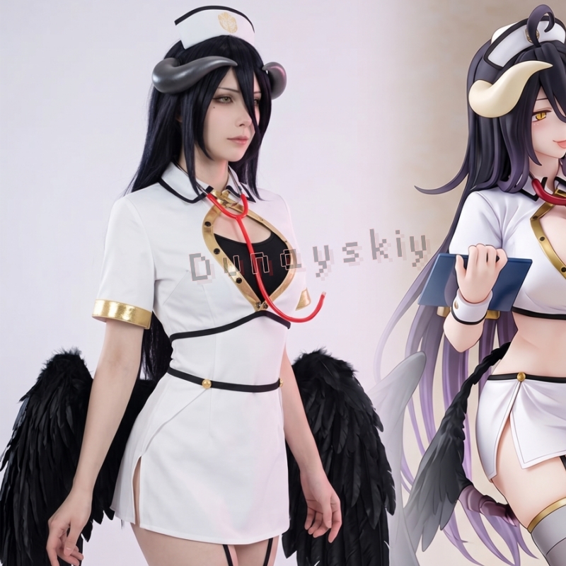 Anime Cosplay Nurse - オーバーロードアルベドゴシック天使ナースコスプレ衣装ミニドレス黒ダークウィングアクセサリー女性ハロウィンパーティードレス制服