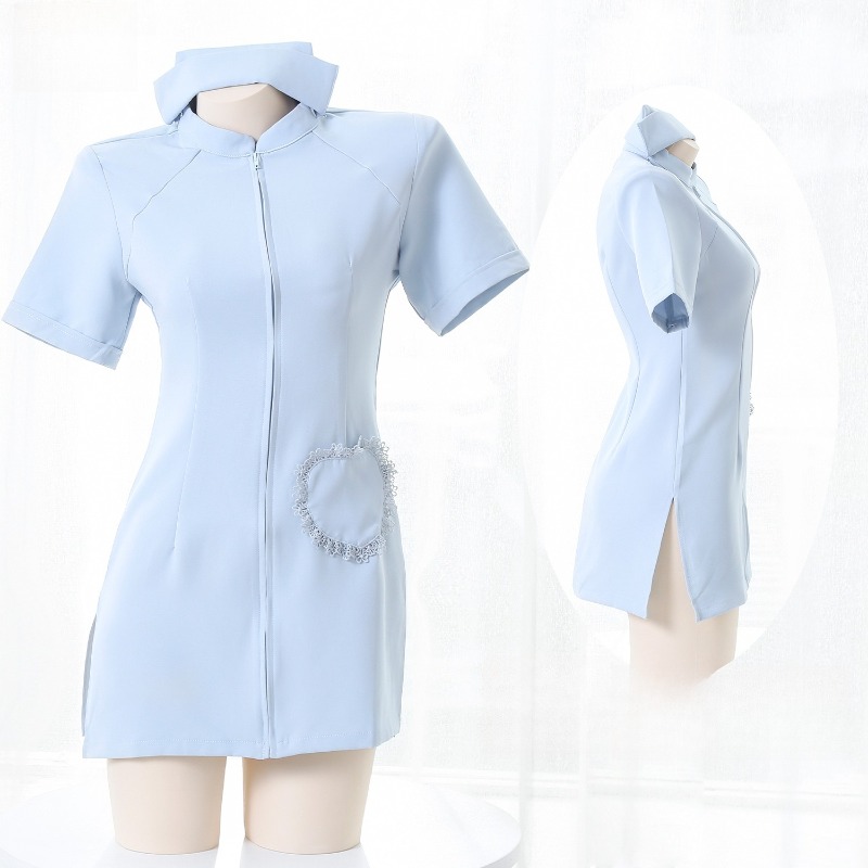 Anime Cosplay Nurse - アニメナースコスプレ衣装かわいいブルー半袖ドレス制服帽子セット付き女性用寝間着ホームウェアロールプレイ衣装