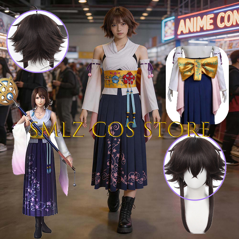 Anime Cosplay For Halloween - Smlz FFX ユナコスプレアニメ FF10 X 衣装女性あなたナ着物ドレス小道具ウィッグセットハロウィンパーティー演劇衣装