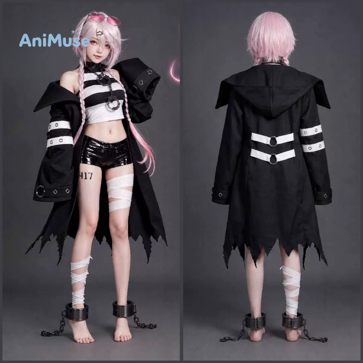 Anime Cosplay Youtuber - 椎名優香 バーチャルYouTuber コスプレ衣装 囚人衣装 黒白ストライプスーツ ハロウィン