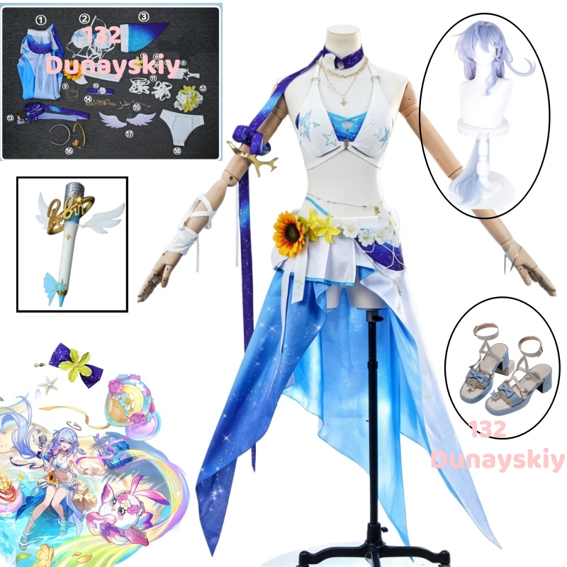Anime Cosplay Robin - ゲーム『ホンカイ・スターレイル』ロビンコスプレコスチュームウィッグ、サマレットブルーホワイトビーチ衣装アクセサリー、ハロウィンカーニバルパーティーシューズ
