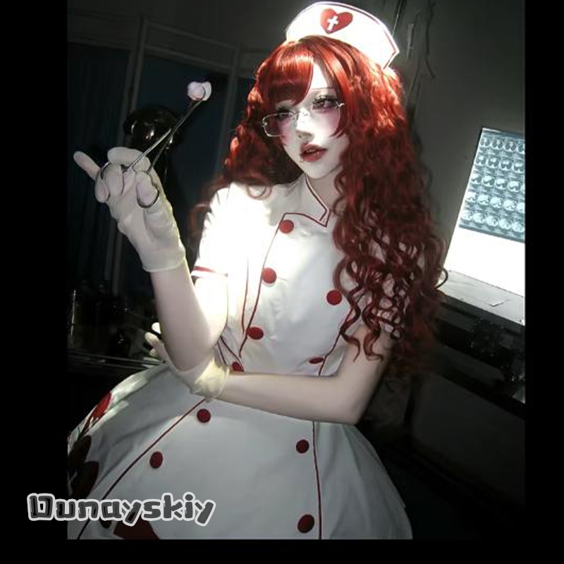 Anime Cosplay Nurse - OHaYo%血まみれのナースファンアートハロウィンコスプレ衣装白 PU レザーナースロリータドレスアニメキャラクター衣装女性ロリータ
