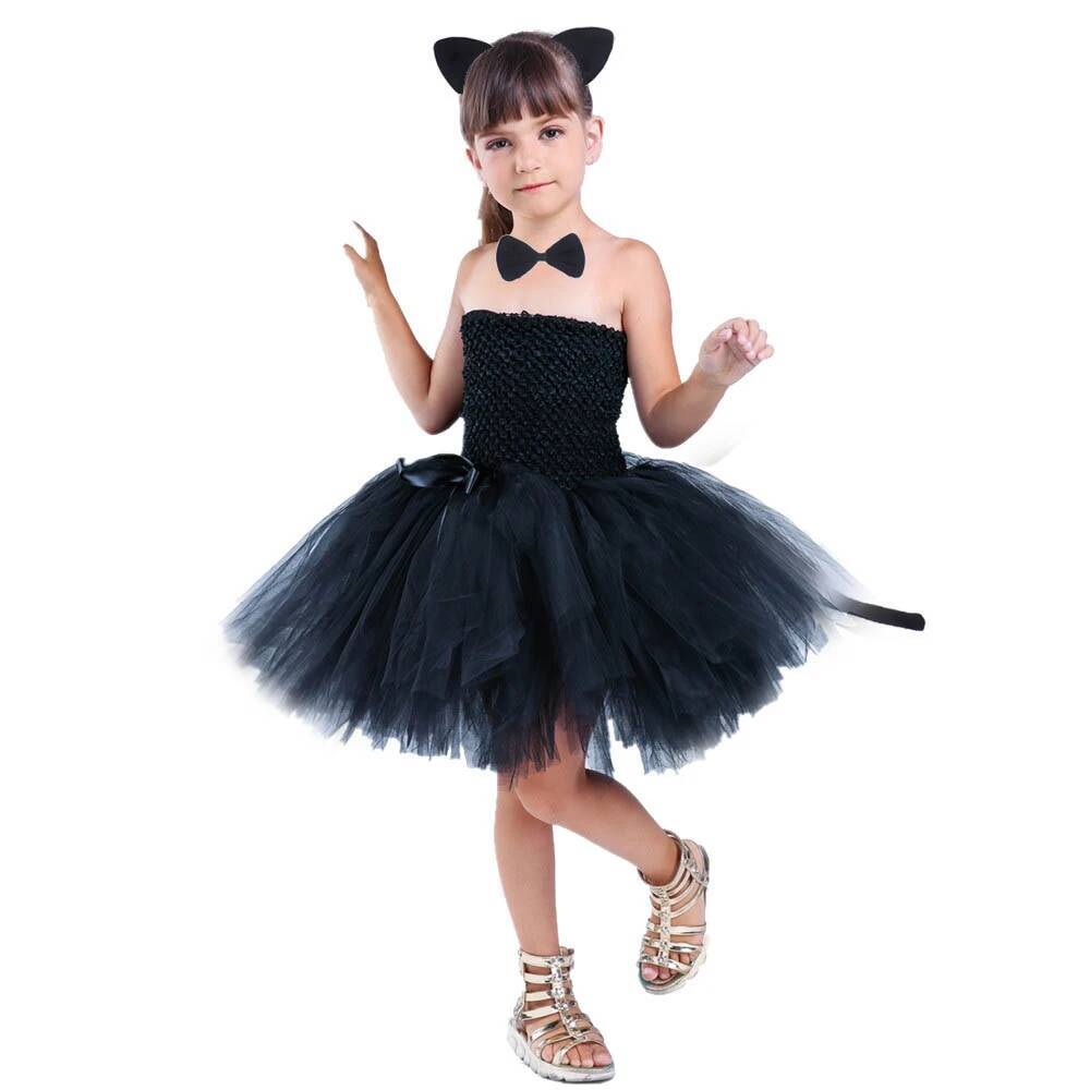 Anime Cosplay Simple - かわいい黒猫チュチュドレス女の赤ちゃんの誕生日ドレス幼児子供ハロウィン衣装子供動物コスプレ衣装ソリッドブラック