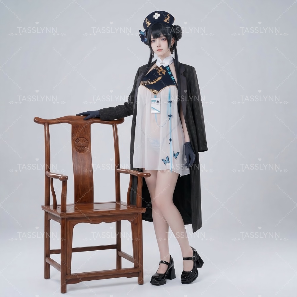 Anime Cosplay Nurse - ブルーアーカイブ キサキ ナースコスプレコスチューム 黒のピンストライプコート＆白のシースルーチャイナドレス フルセット 女性用