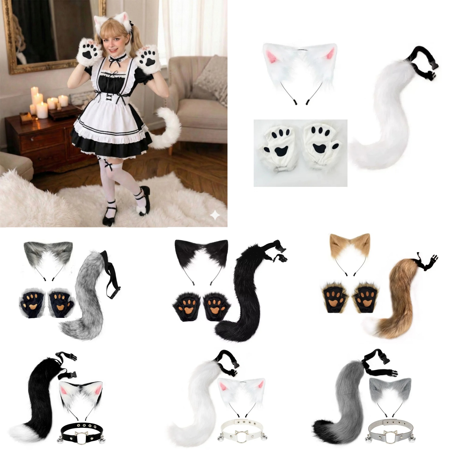 Anime Cosplay Simple - フェイクファーフォックスコスプレセット 猫耳カチューシャ 尾飾り ぬいぐるみ手袋キット 動物仮装 ハロウィンカーニバルパーティー衣装