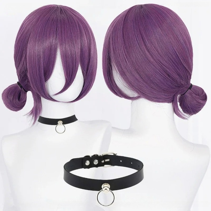 Anime Cosplay Mujer - アニメレゼコスプレウィッグ 45 センチメートル紫ウィッグチョーカー付きコスプレ衣装女性レゼウィッグ耐熱人工毛ウィッグ