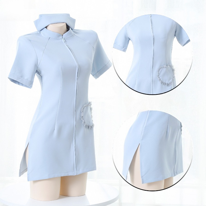 アニメナースコスプレ衣装かわいいブルー半袖ドレス制服帽子セッ - Anime Cosplay Nurse のレビューと価格